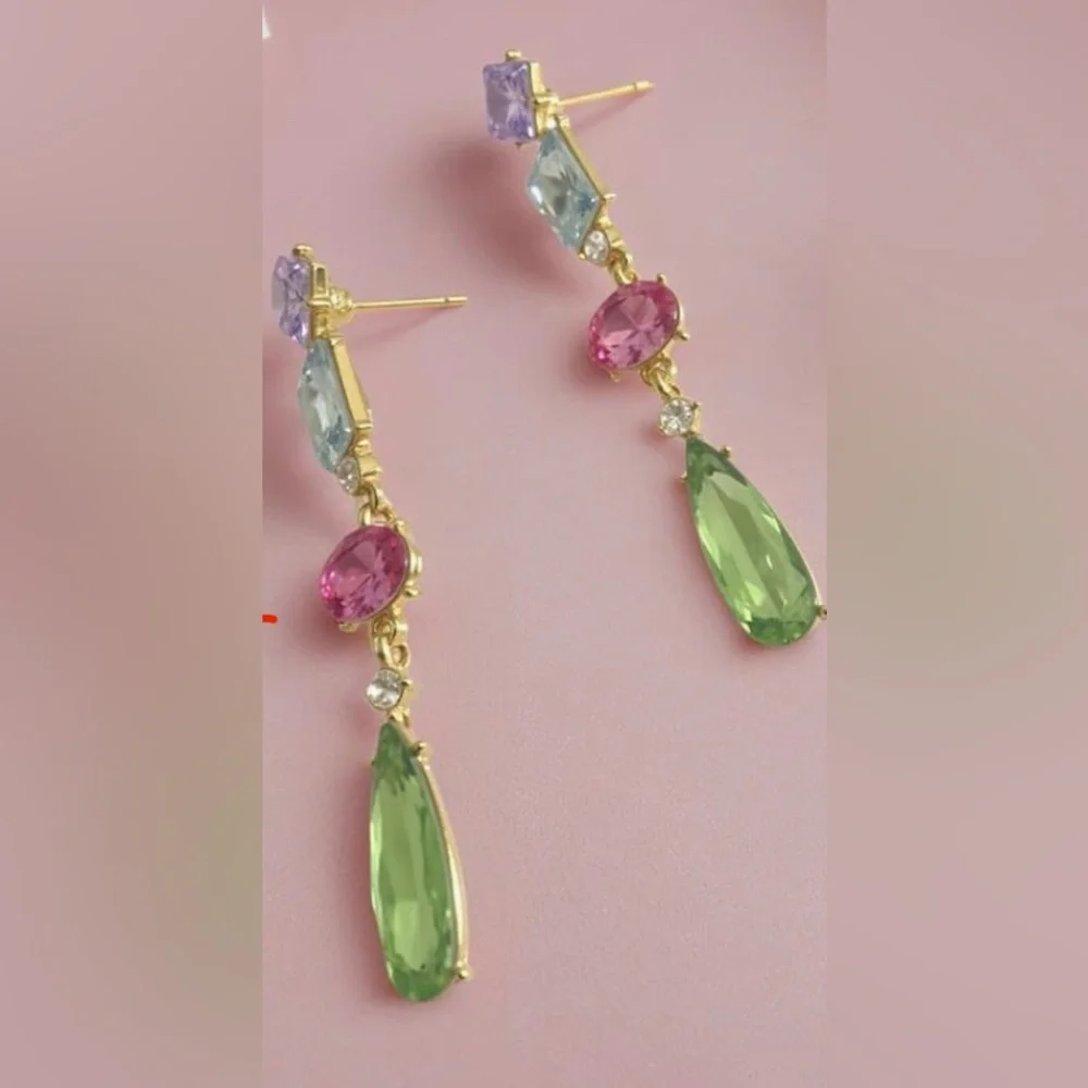 Cute Nordstrom 18KT Gold dip Multi Gemstone long dangle Earrings - Picture 2 of 3